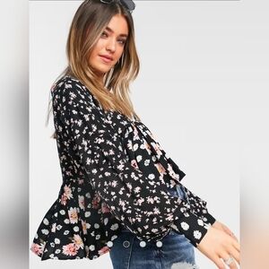 ASOS DESIGN Black Mixed Print Floral Smock Top Size 12
